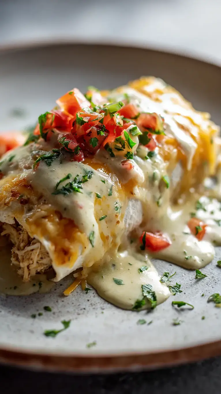 Creamy Cheesy Baked Chicken Burritos with Green Chile 🌶️