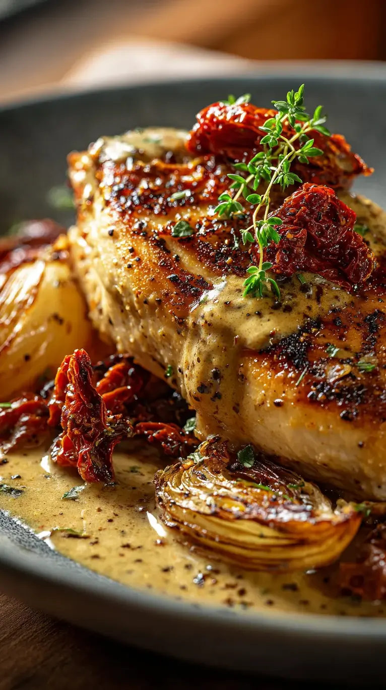 Easy Creamy Balsamic Chicken with Roasted Onions & Tomatoes