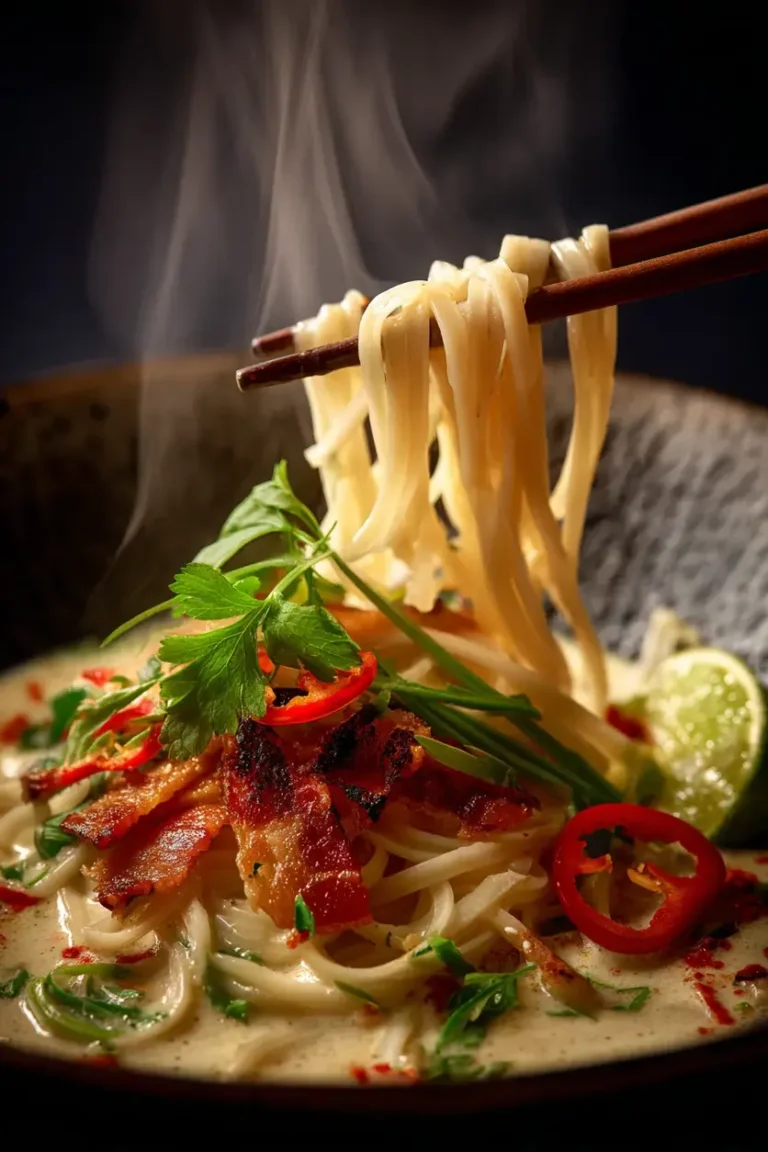 Decadent Creamy Thai Coconut Bacon Noodle Soup