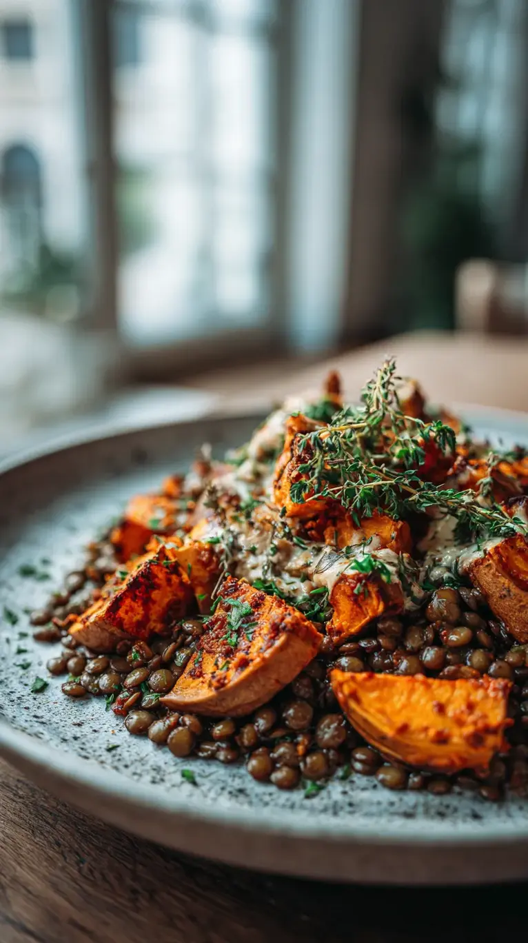 Cozy Creamy Harissa Coconut Lentils with Roasted Sweet Potatoes