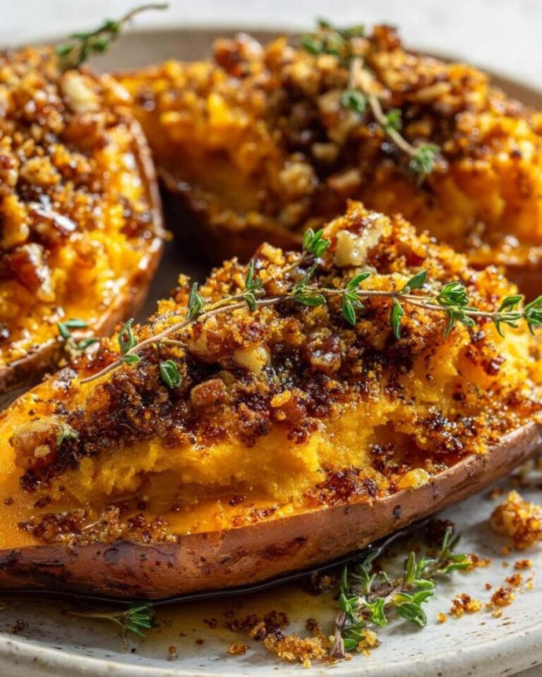 Creamy Twice Baked Sweet Potatoes with Maple Pecan Crumble