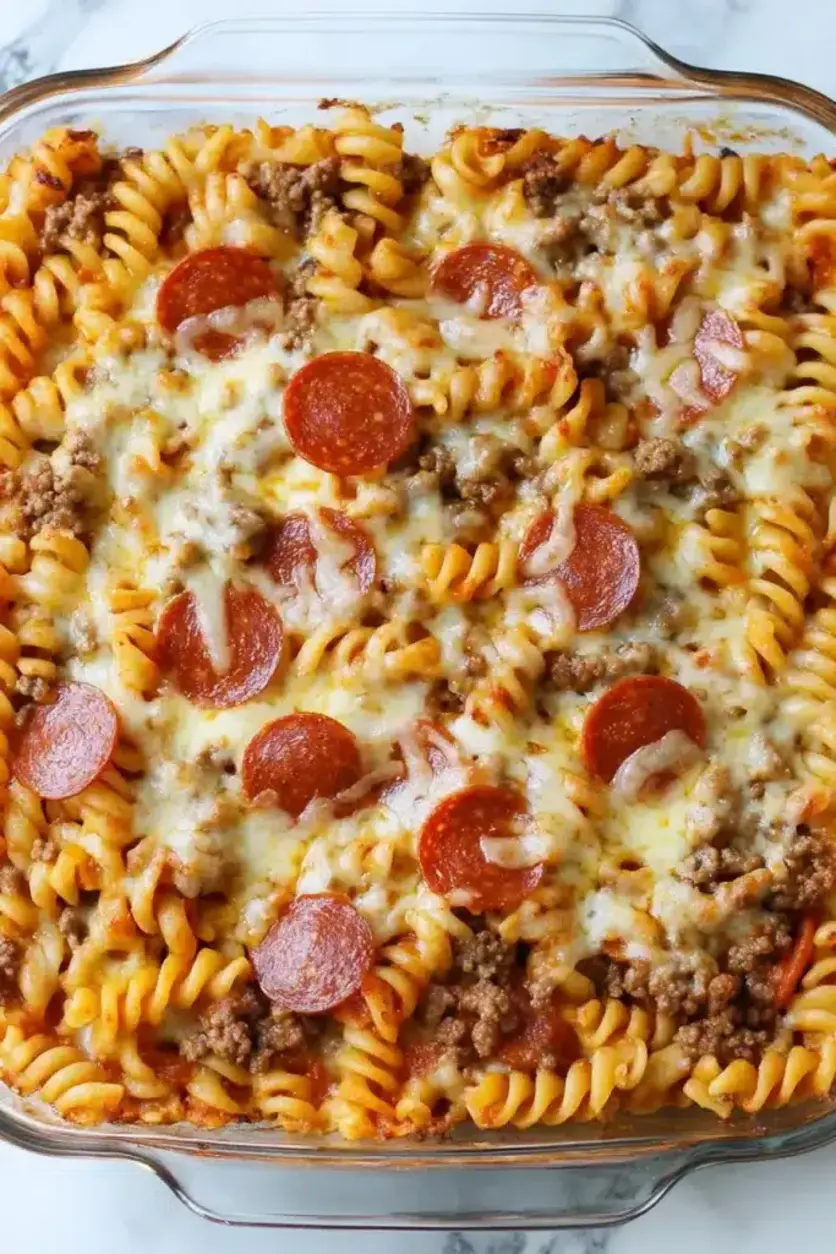 Finished Sausage and Pepperoni Pizza Casserole with bubbling cheese, perfect for family dinners.