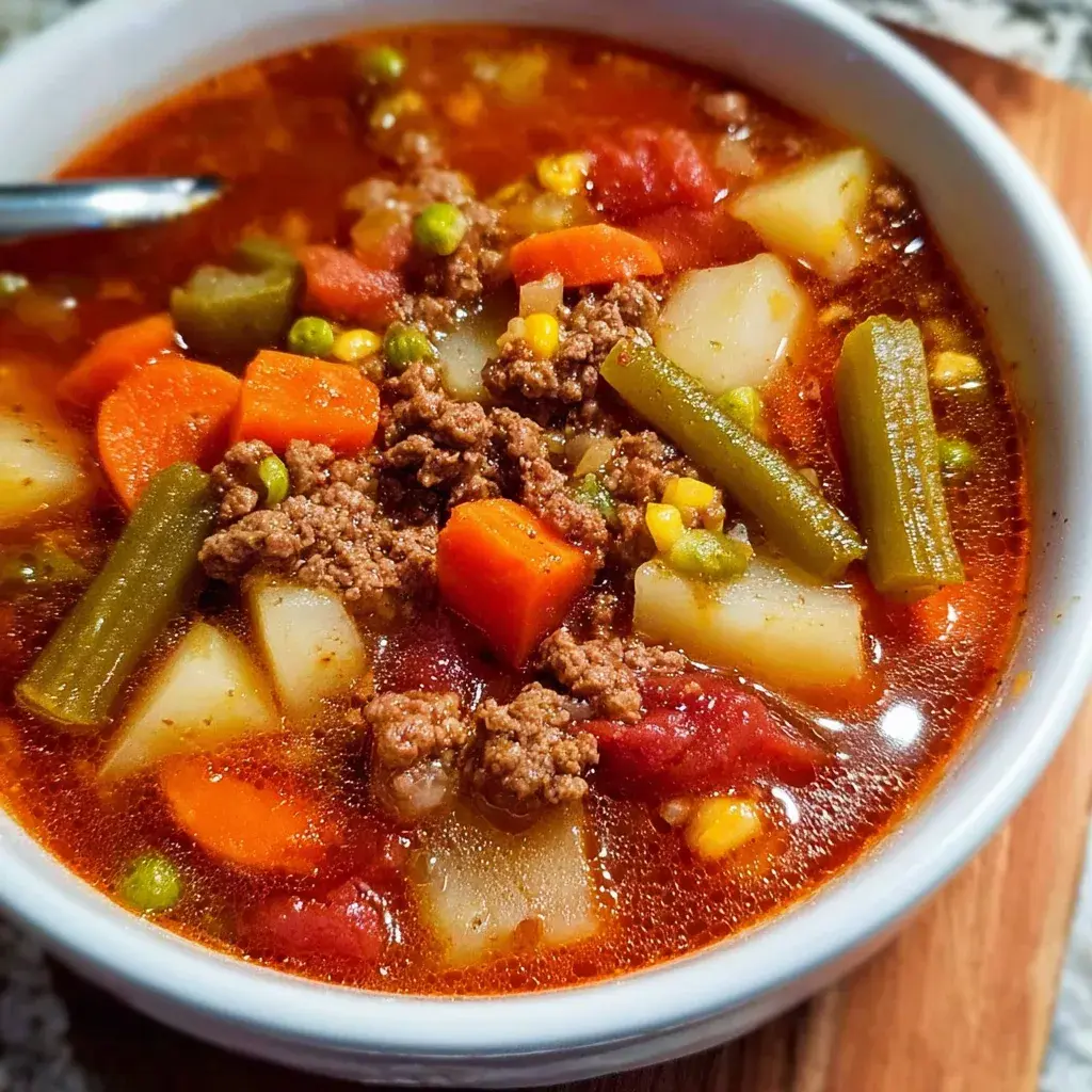 Close-up of served Vegetable Beef Soup with garnishes, steam rising, inviting and warm.