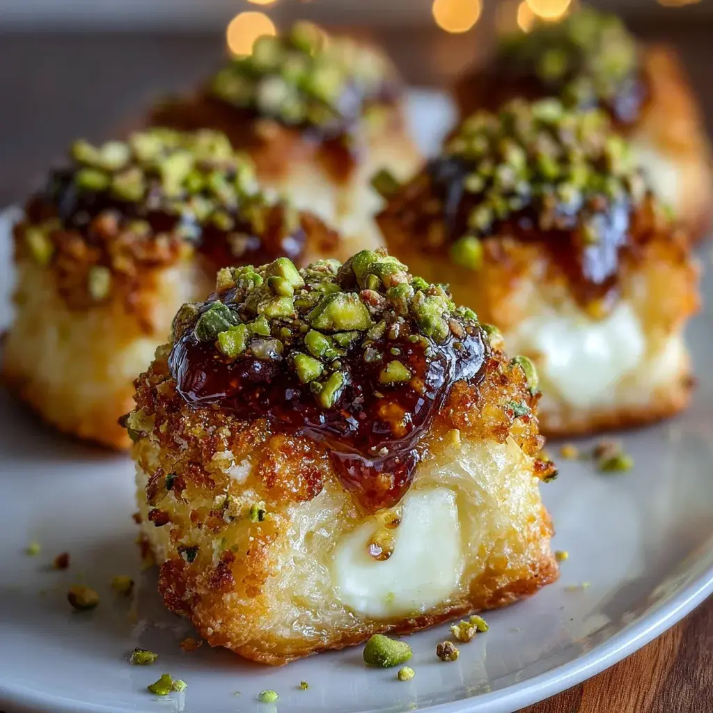 Finished Pistachio Crusted Brie Bites Glaze drizzled with fig honey glaze, ready for serving.