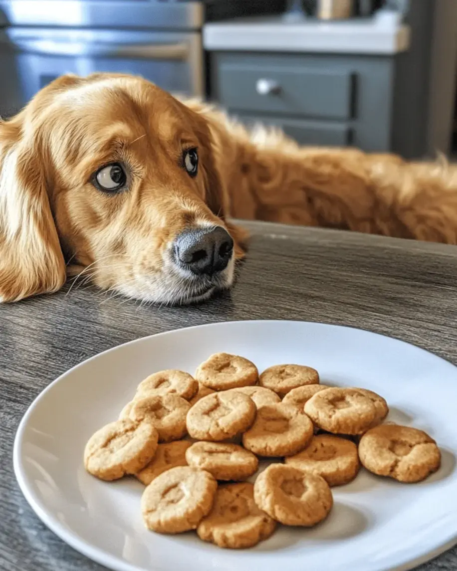 Baked honey and peanut butter dog cookies cooling on a rack, golden and chewy.