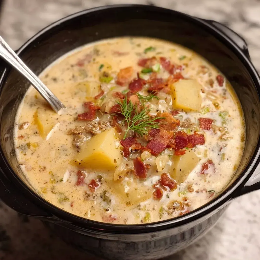 Finished bowl of Slow Cooker Creamy Potato Bacon soup garnished with bacon and herbs