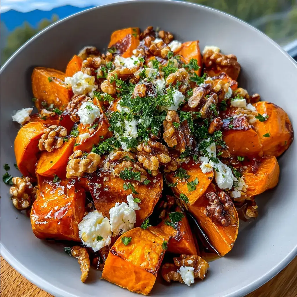 Close-up of walnut maple goat cheese sweet potatoes garnished with herbs on a plate.