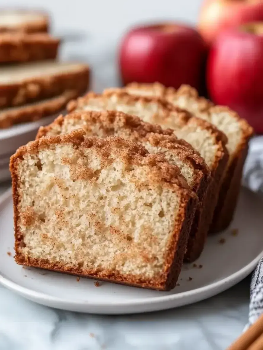 A close-up slice of Snickerdoodle Apple Bread with visible apple pieces and cinnamon topping.