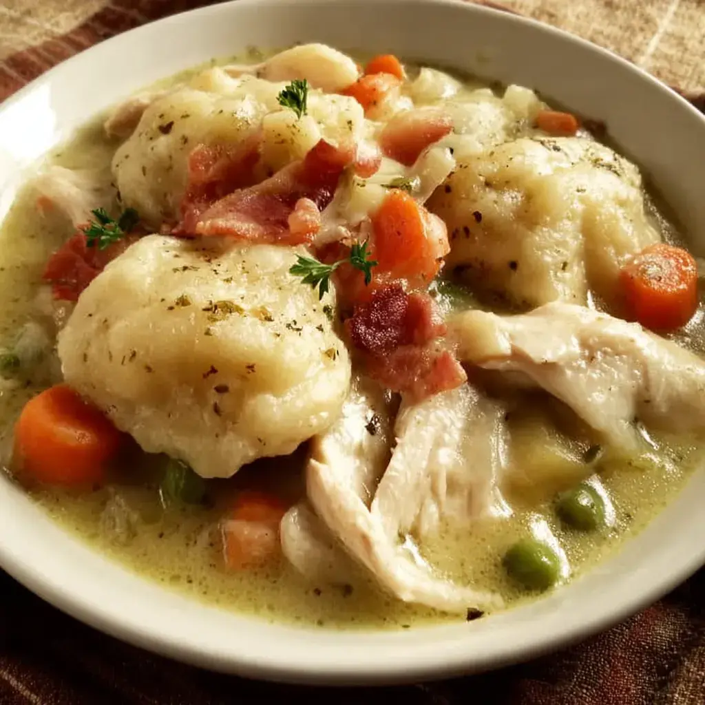 A serving bowl of Slow Cooker Chicken Dumplings with fluffy dumplings and creamy sauce