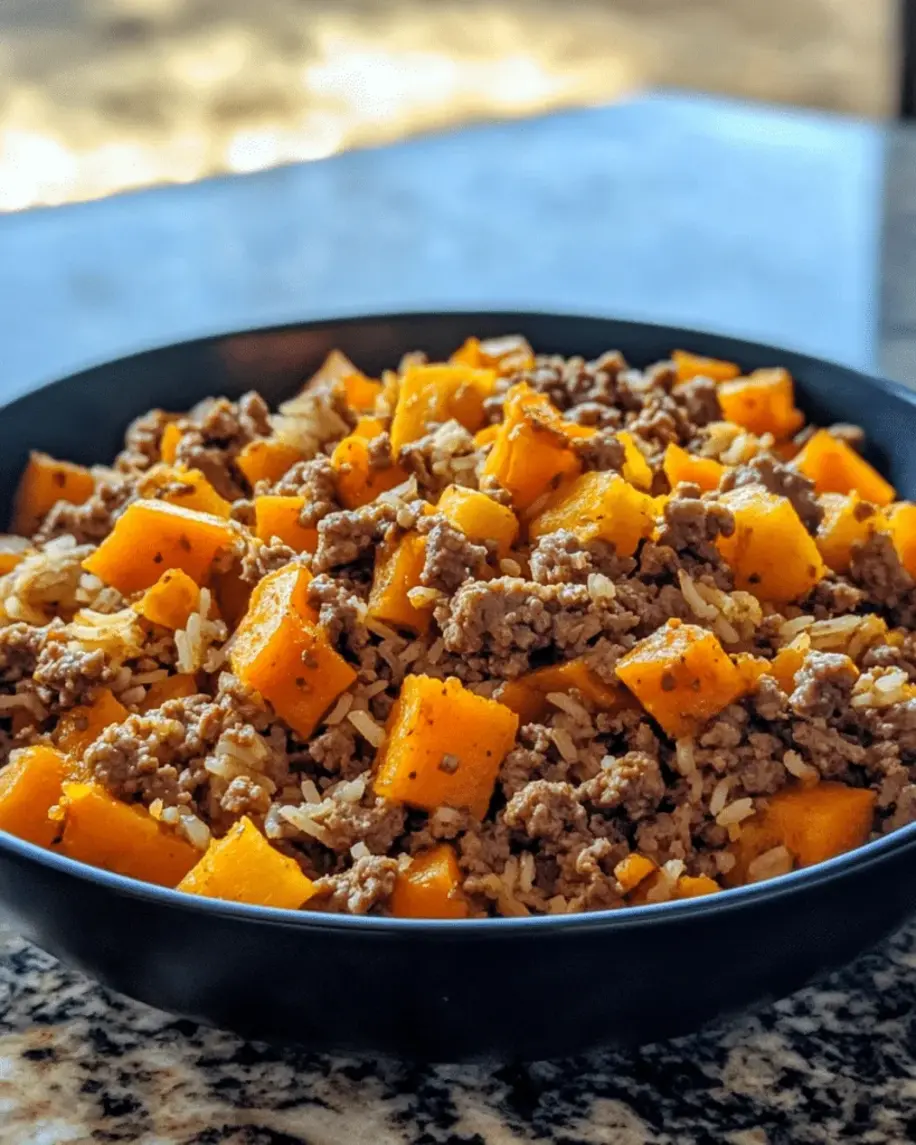 Finished ground beef and pumpkin dog food recipe in a serving bowl, ready to feed your dog.