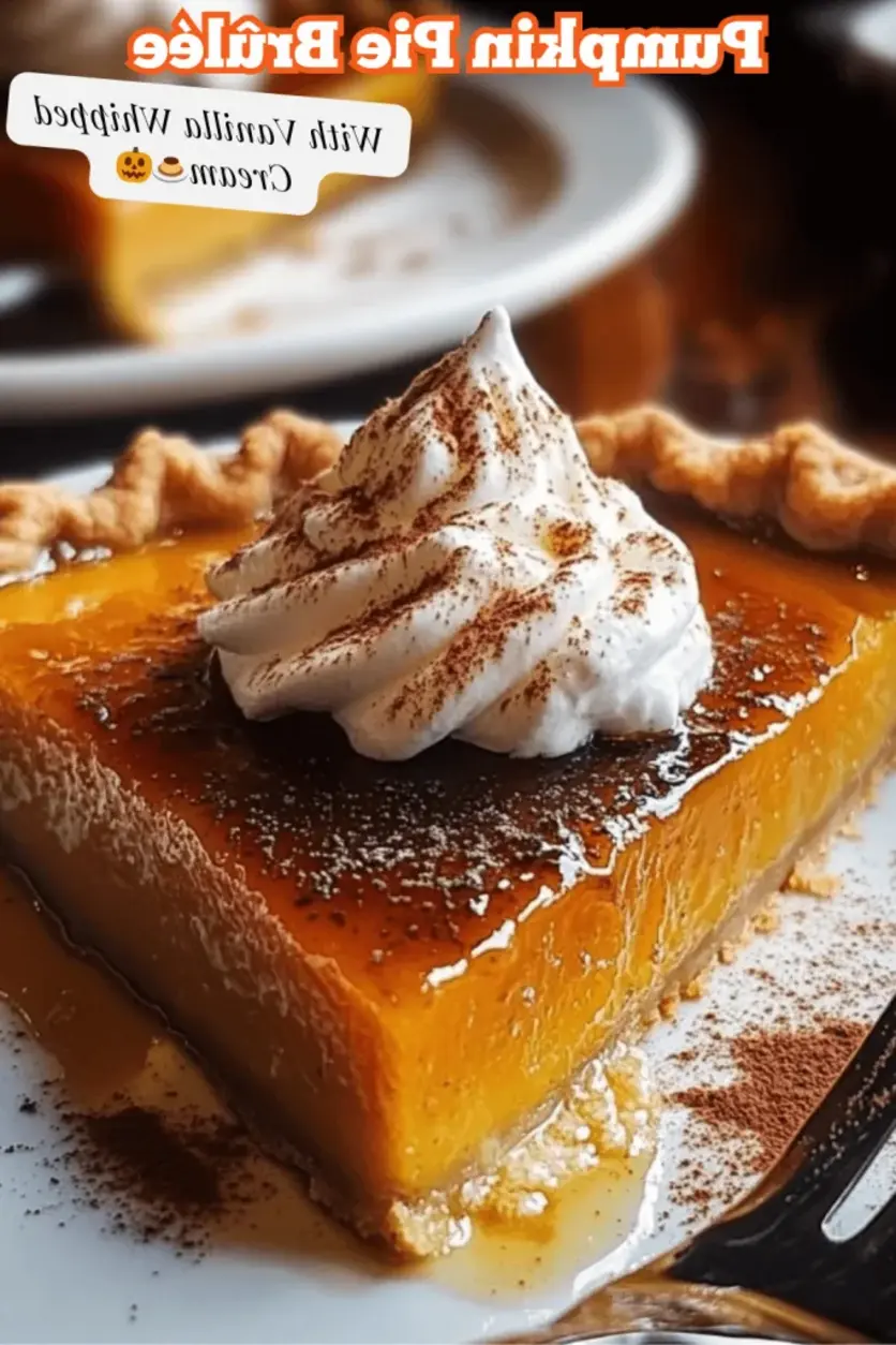 Sliced Pumpkin Pie Brûlée topped with fluffy vanilla whipped cream, garnished with cinnamon, ready for a festive table.