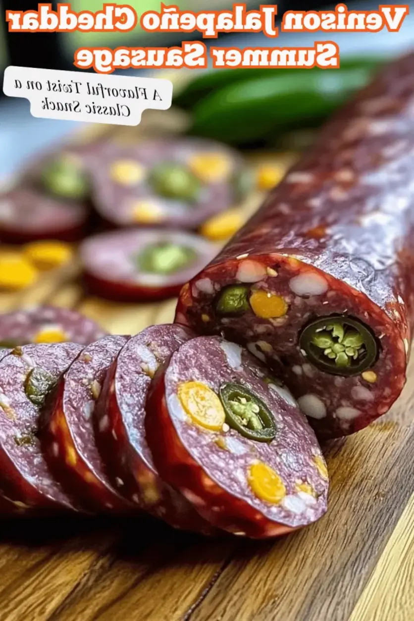 Sliced venison sausage arranged on a wooden board with complementary snacks