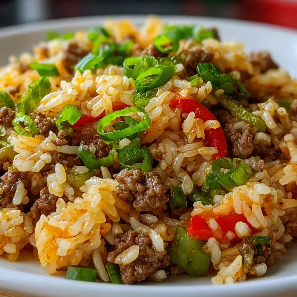 Finished Popeyes Cajun Rice Copycat in a serving bowl, garnished with herbs and ready to eat