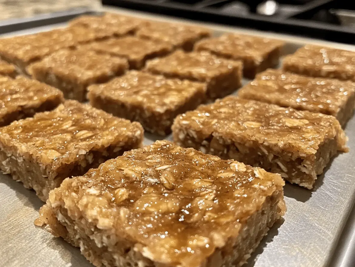 Delicious banana and oat bars freshly baked for dogs, showcasing golden-brown surfaces with banana chunks.