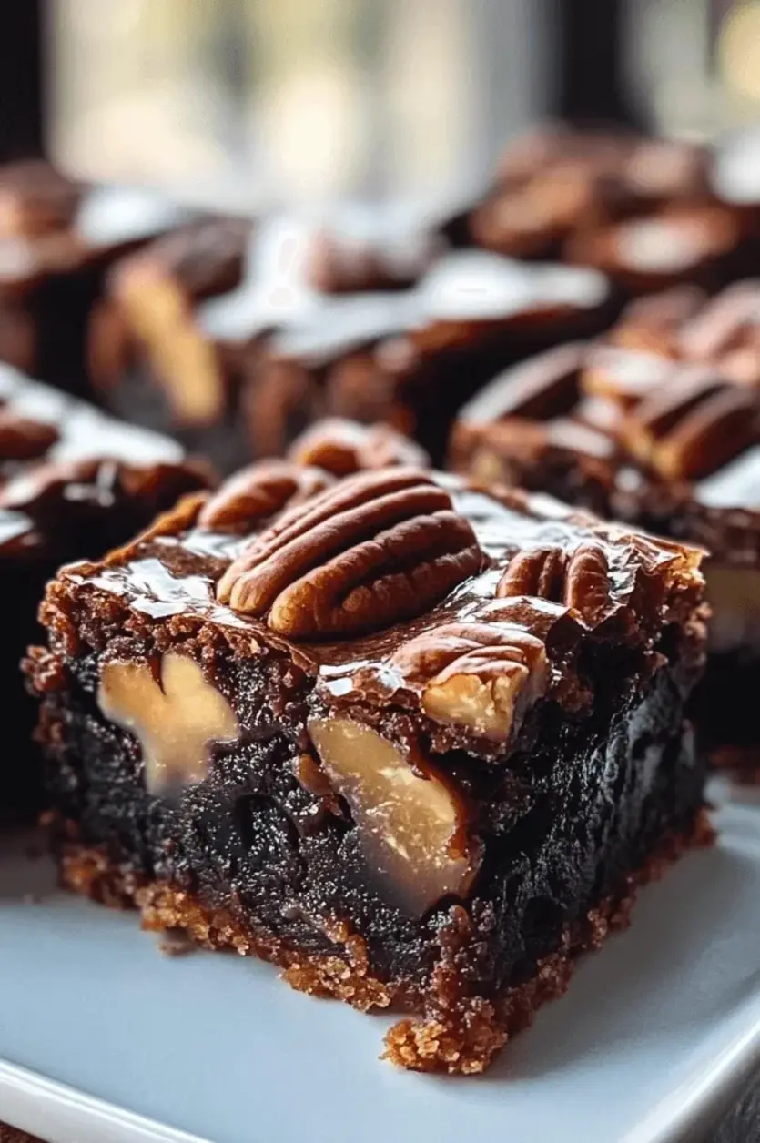 Pecan Pie Brownies baking in the oven with golden crust and gooey brown layer visible