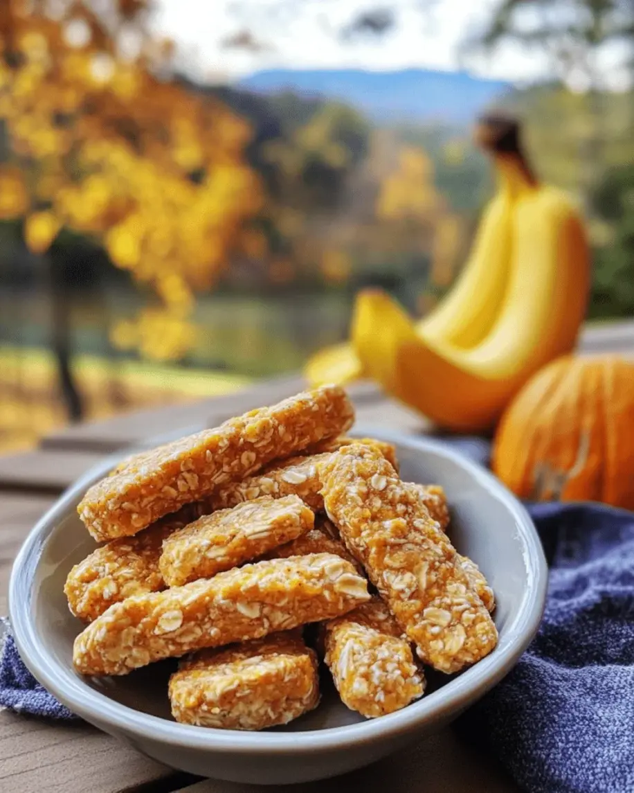 Close-up of finished banana and pumpkin chews for dogs, arranged on a plate with a happy dog in the background.