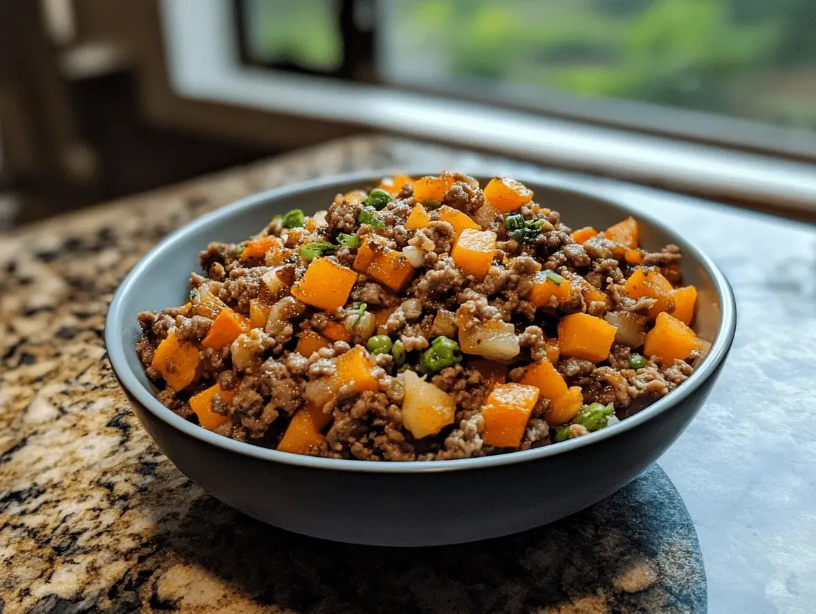 Ground beef and pumpkin mixture ready for cooking, showcasing fresh ingredients.