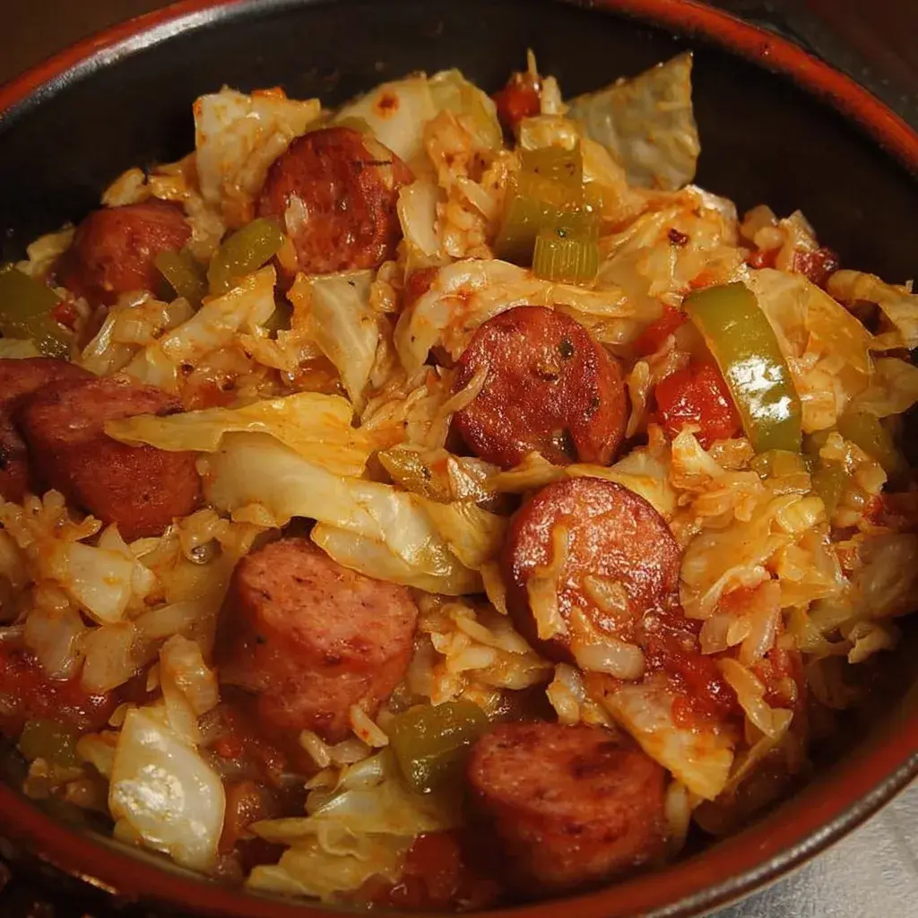 Close-up of cooked Cajun Cabbage Jambalaya Dish with steam rising, highlighting the rich broth and tender ingredients.