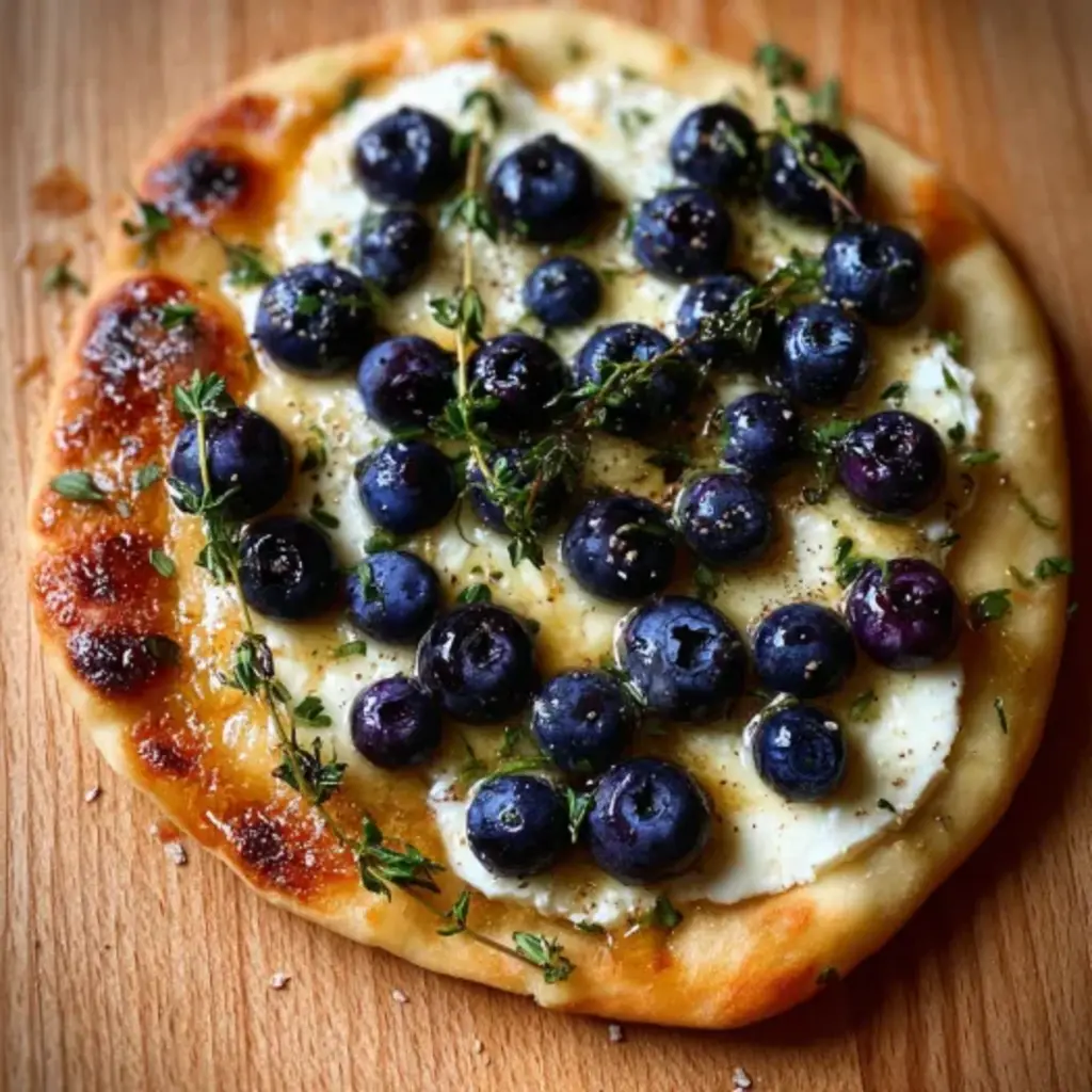 Crispy blueberry brie thyme flatbread fresh out of the oven with melted cheese