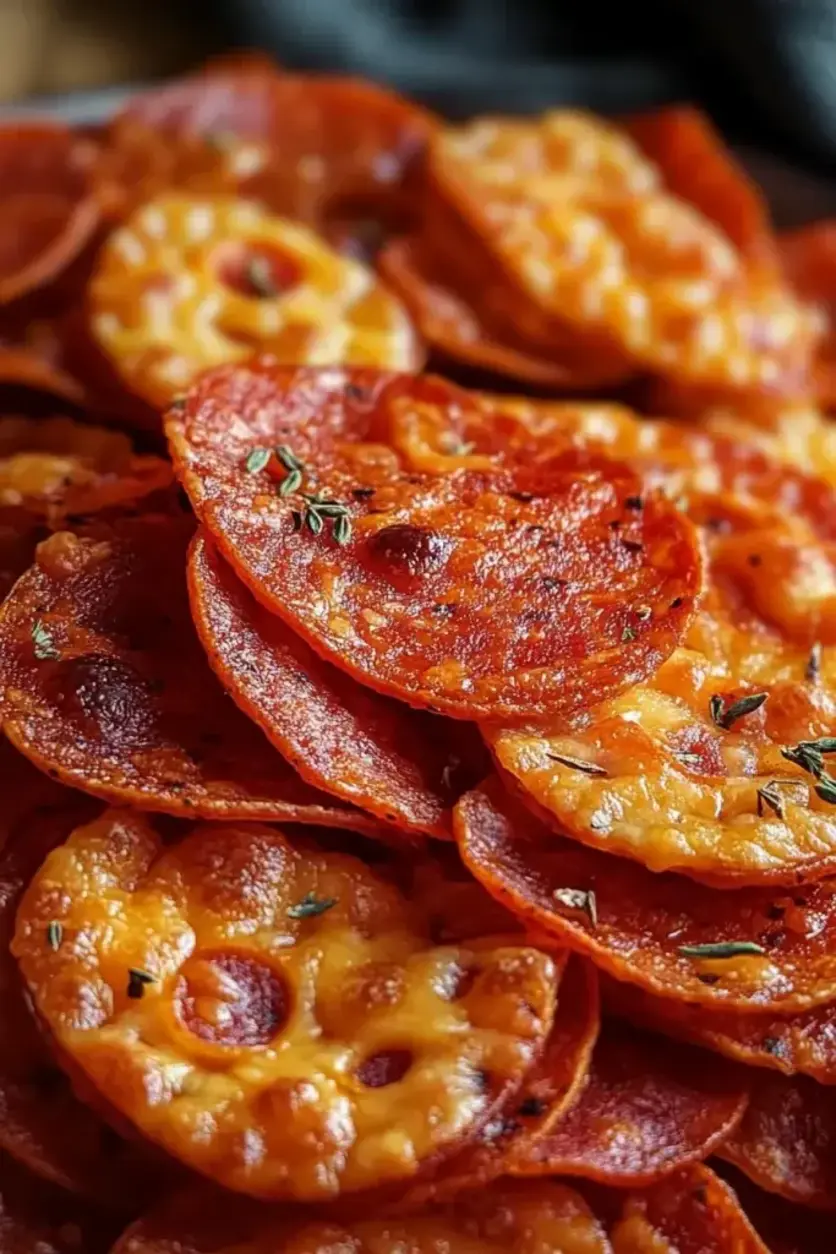 Finished pepperoni cheese crisps cooling on a rack, with a golden crispy exterior and melted cheese centers, photographed in natural light.