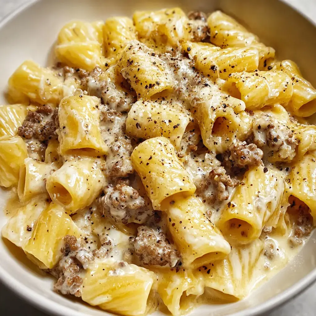 Close-up of the one-pot beef cheddar ranch dish showing creamy pasta with melted cheese and beef