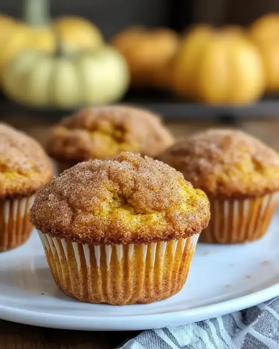 A stack of pumpkin snickerdoodle muffins on a rustic wooden table, ready for serving with a fall-themed background.
