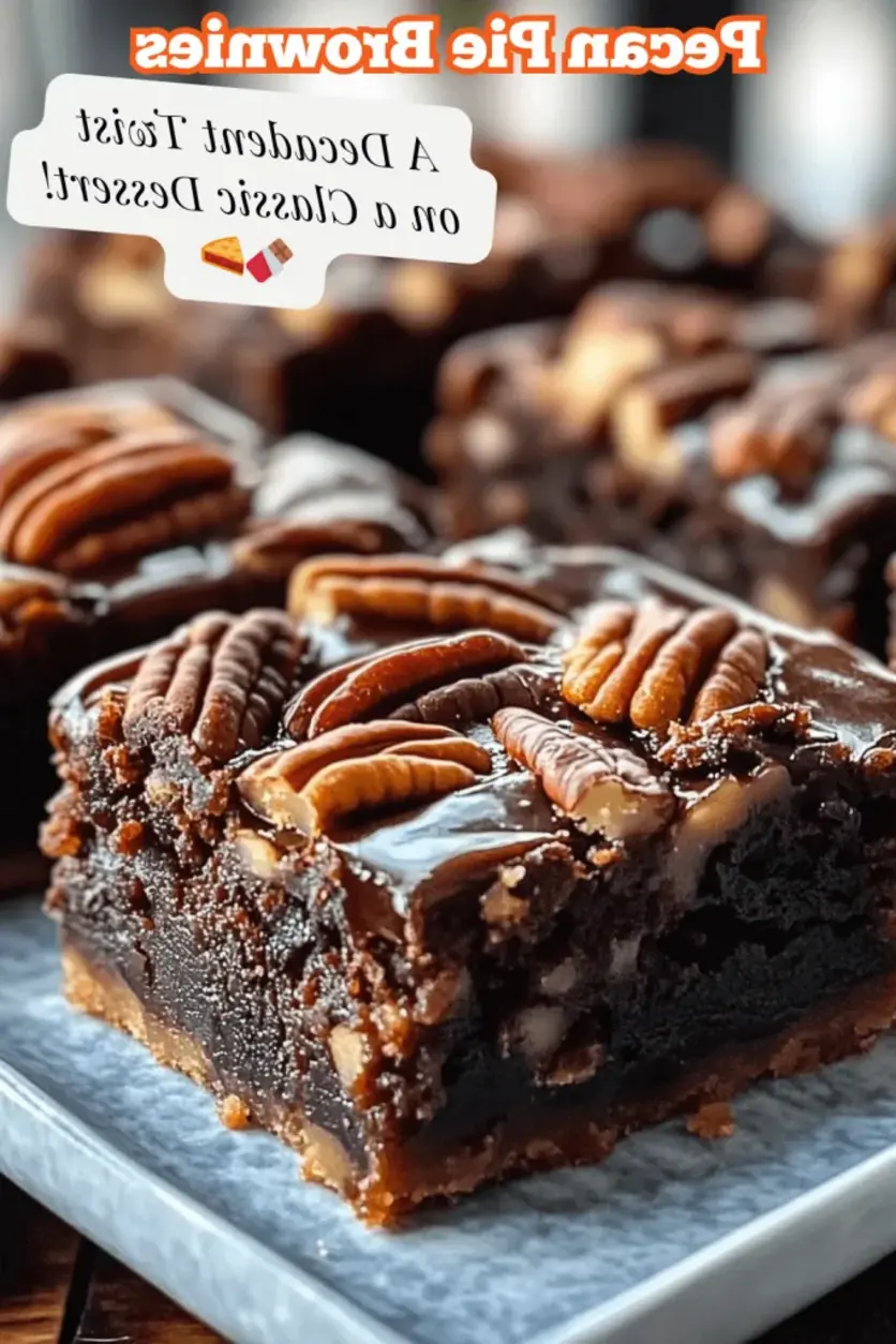 Finished pecan pie brownies cut into squares on a plate, dusted with powdered sugar