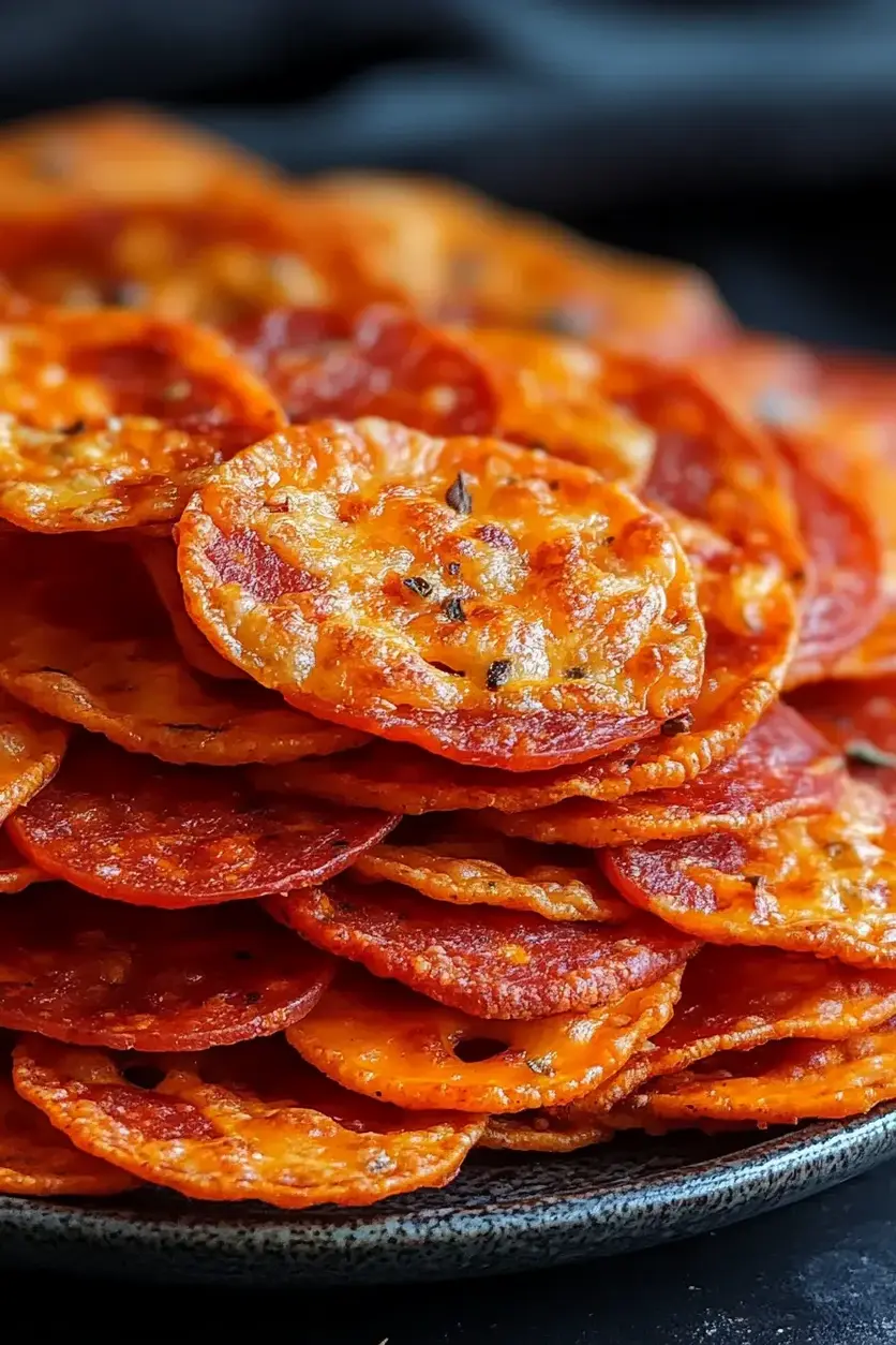 Close-up view of uncooked pepperoni cheese crisps arranged on a parchment-lined baking sheet, showcasing the shredded cheese base mixed with spicy pepperoni pieces ready for the oven.