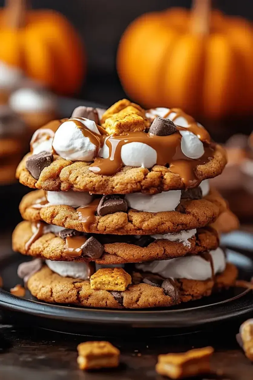 Finished stack of gooey pumpkin s’mores cookies with toasted marshmallows on top, ready for serving at a fall gathering.