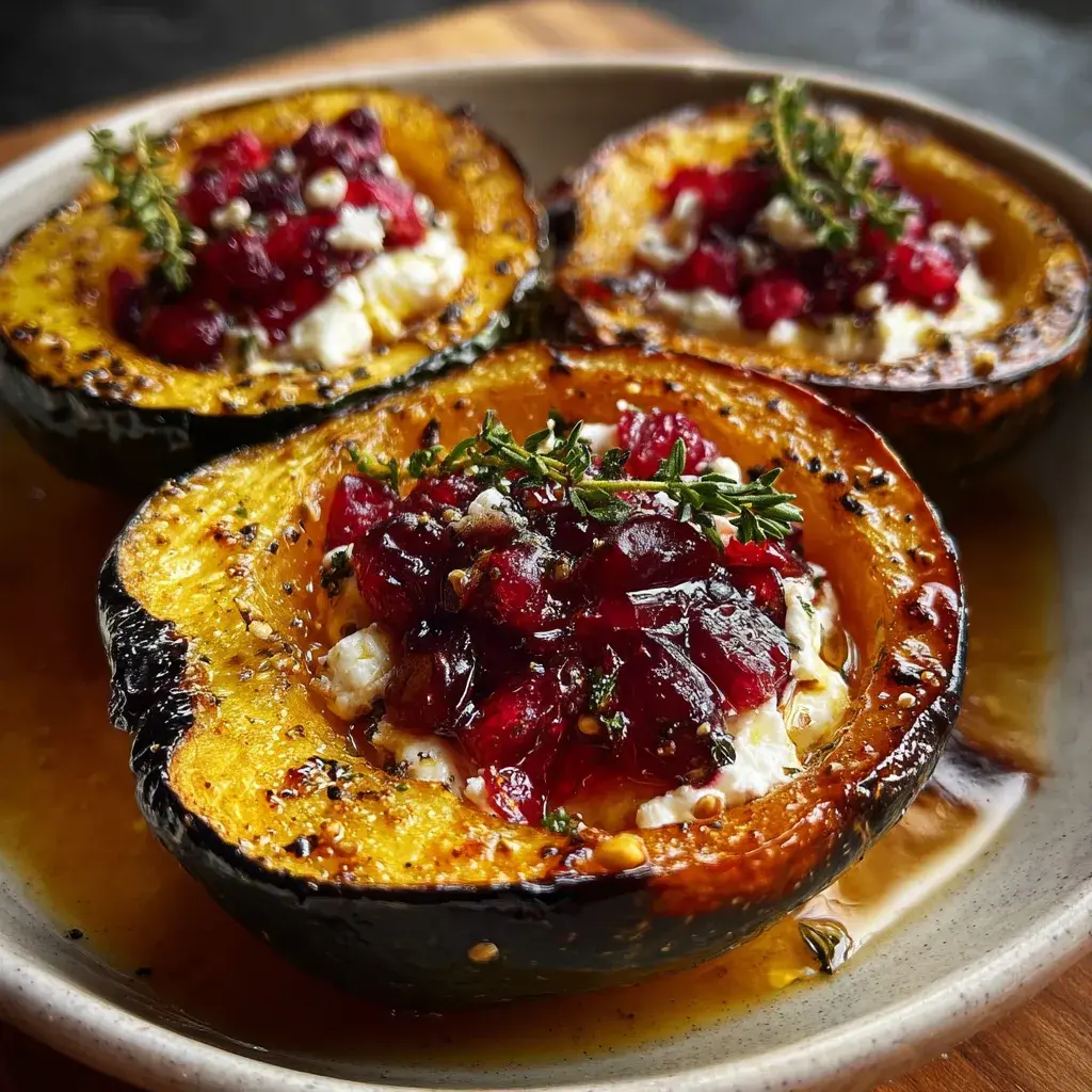 Honey glazed acorn squash plated with goat cheese and cranberry drizzle, ready to serve