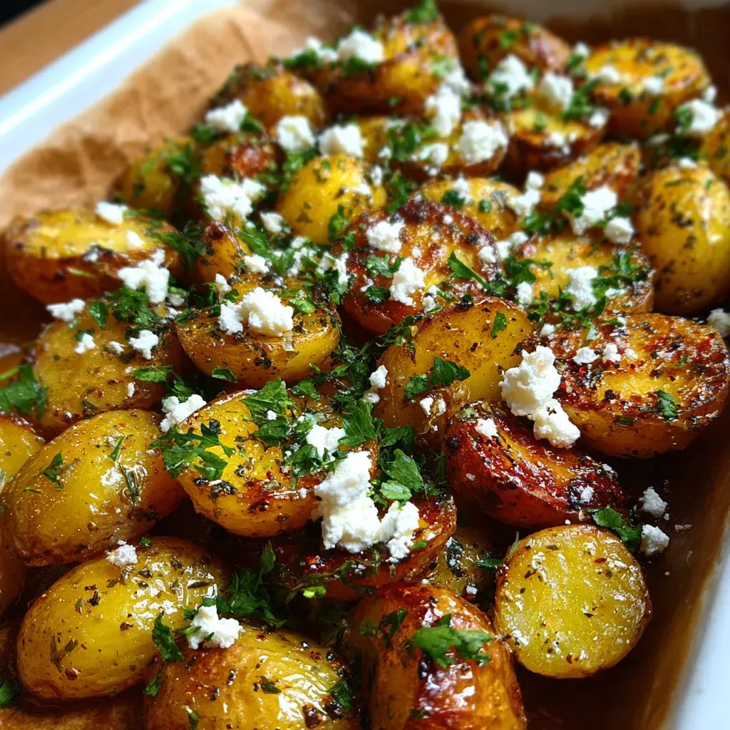 Finished Greek roast potatoes with crumbled feta and parsley garnish
