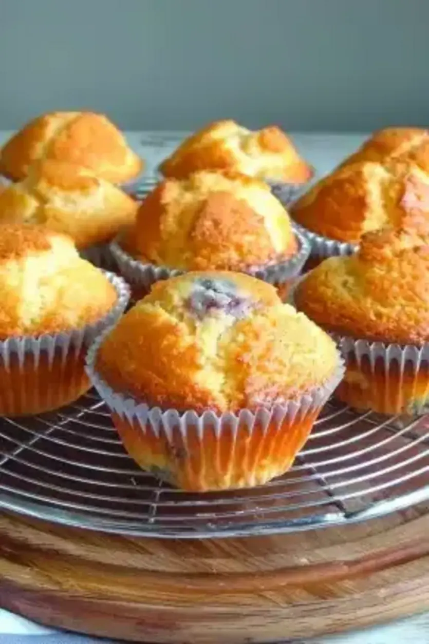 A fresh batch of super fluffy homemade muffins cooling on a wire rack.