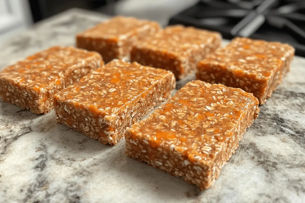 A vibrant image of freshly baked Carrot & Apple Oat Bars for Dogs, showcasing their golden-brown color and wholesome ingredients.