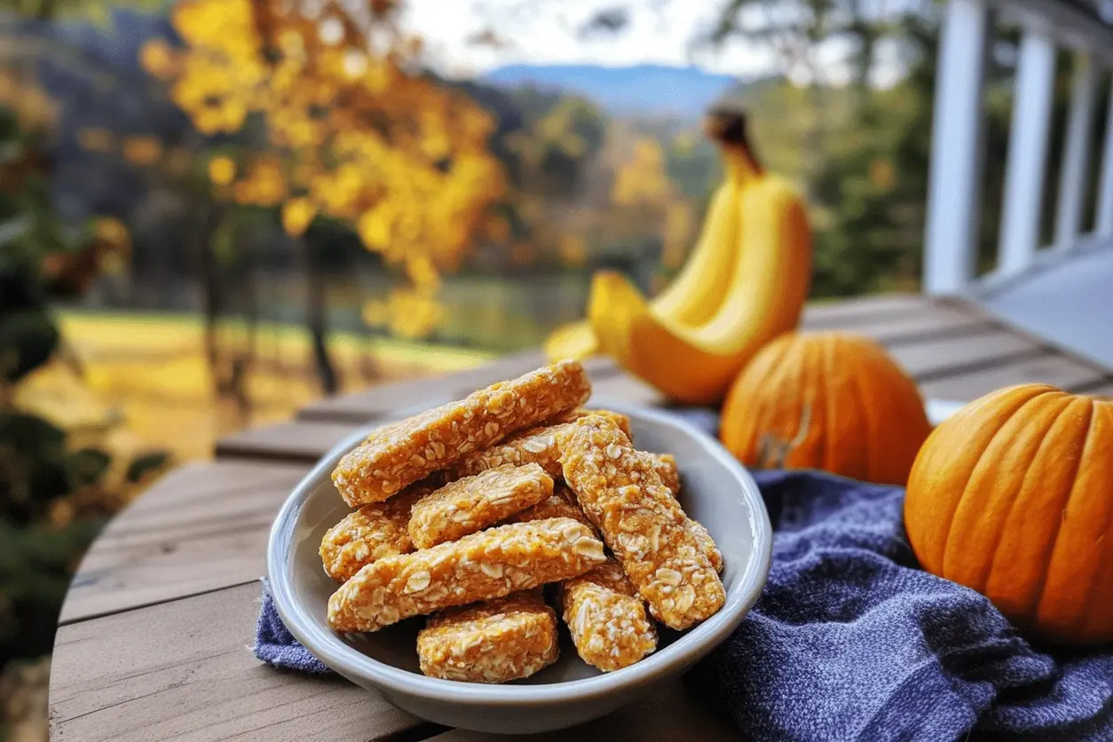 Fresh ingredients for banana and pumpkin chews for dogs, including ripe bananas and canned pumpkin.