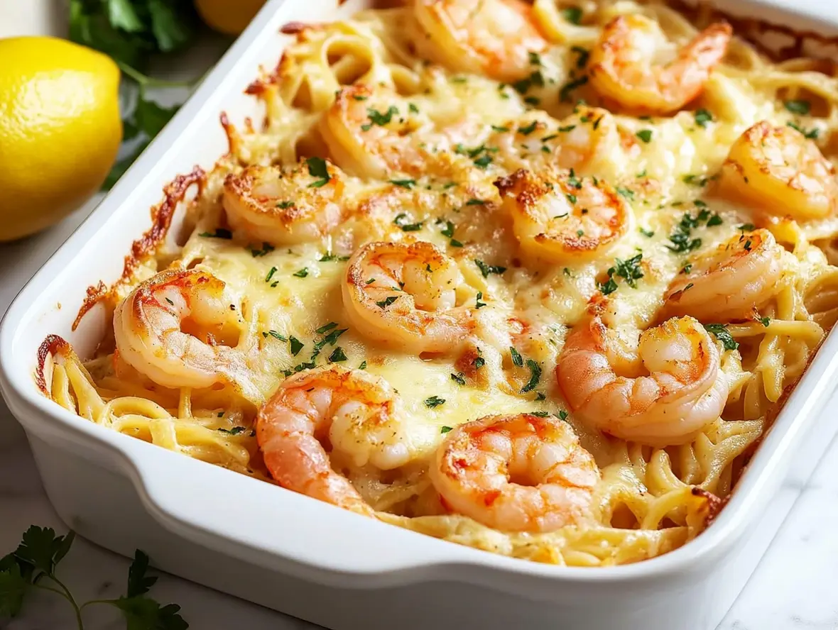 Delicious baked shrimp scampi pasta dish in a casserole dish.