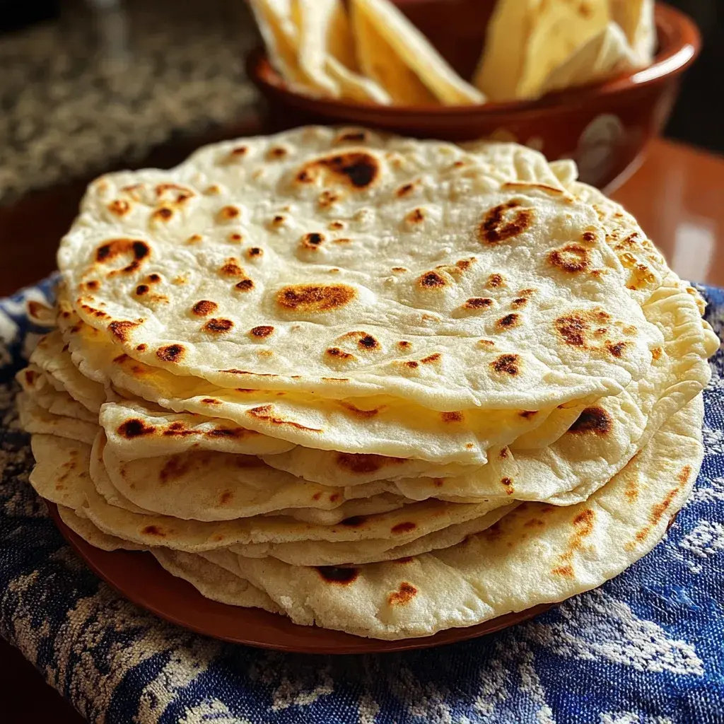 Freshly rolled and cooked homemade flour tortillas stacked on a plate, showcasing their soft and golden texture