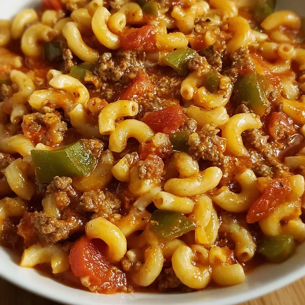 A bowl of hearty Crock Pot Goulash topped with cheese and herbs, ready to serve.