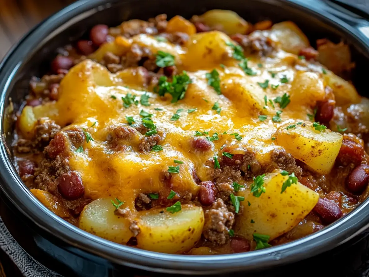 Slow Cooker Cowboy Potato Casserole in a serving dish, garnished with green onions.