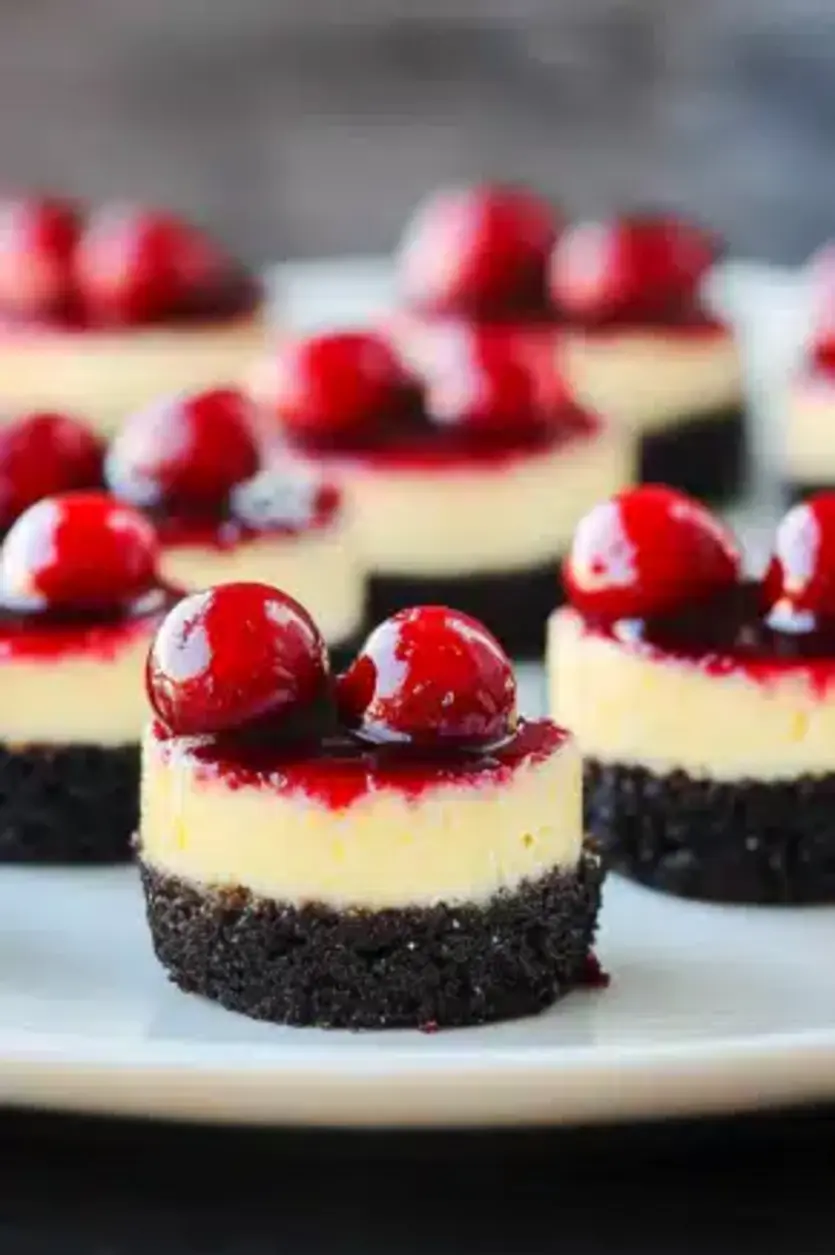 Mini cheesecakes with maraschino cherry topping on a marble platter