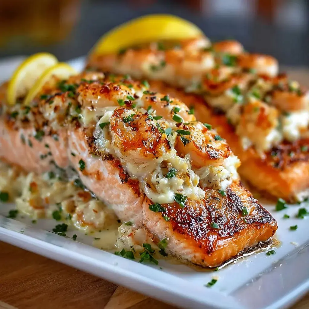 Plated Elegant Crab Shrimp Stuffed Salmon with garnishes, served alongside vegetables for a complete gourmet meal.