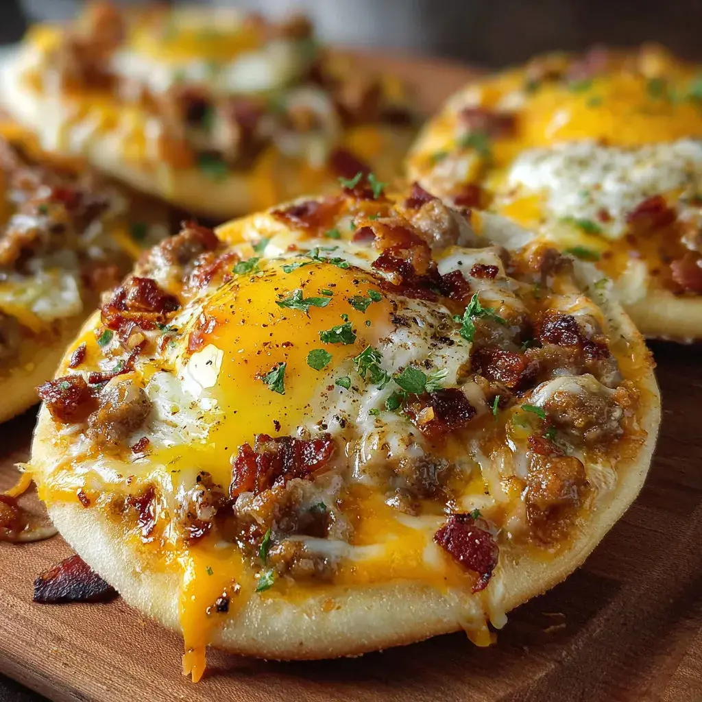 Close-up of freshly assembled English Muffin Breakfast Pizza with runny eggs on top