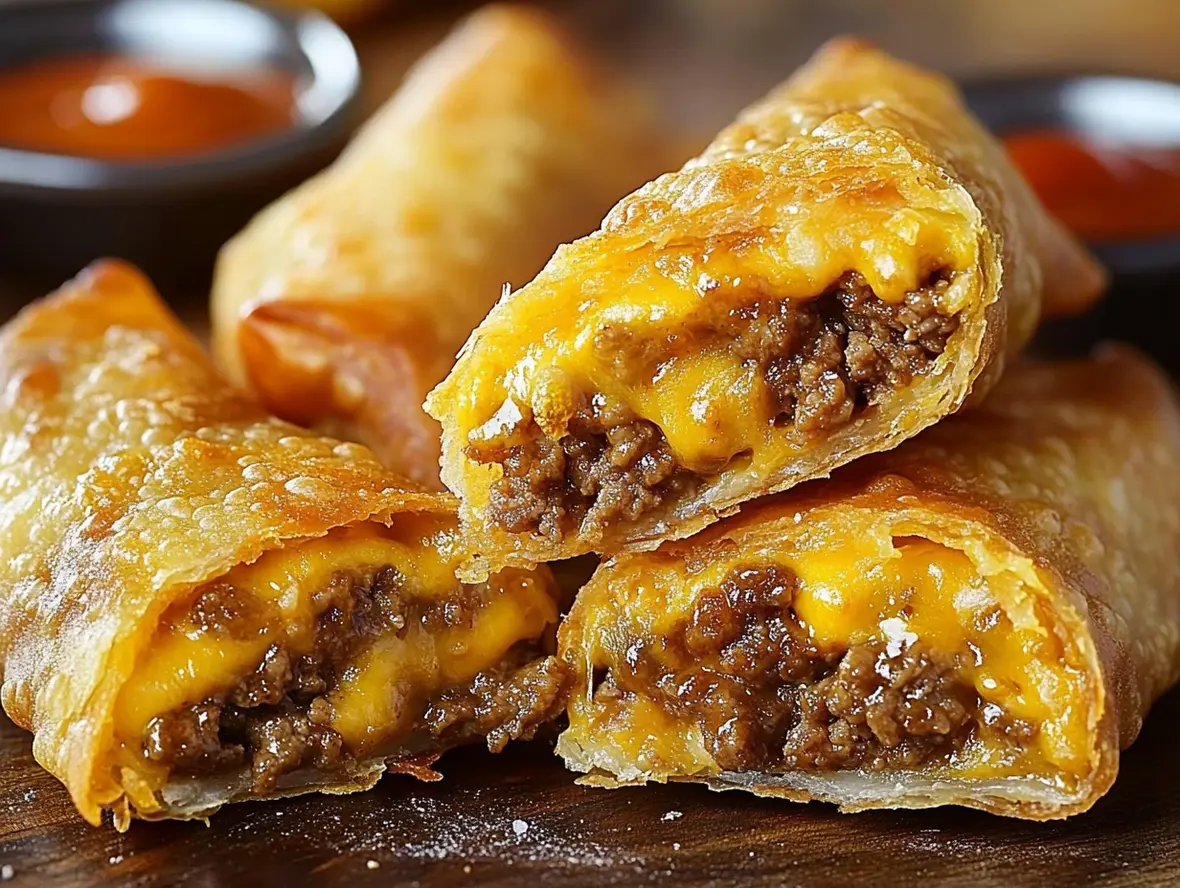 Plate of crispy cheeseburger egg rolls with dipping sauce