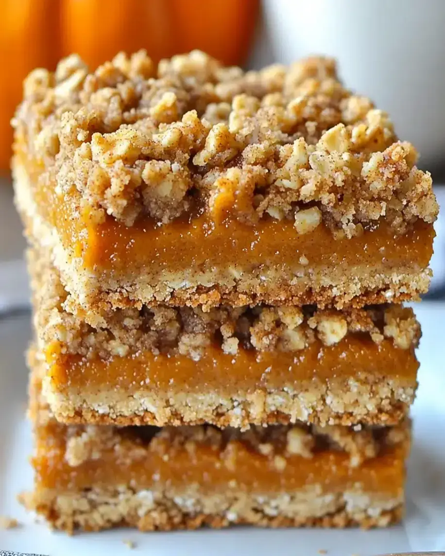 A close-up shot of golden-brown pumpkin pie crumble bars with a creamy filling and a sprinkle of cinnamon on top.