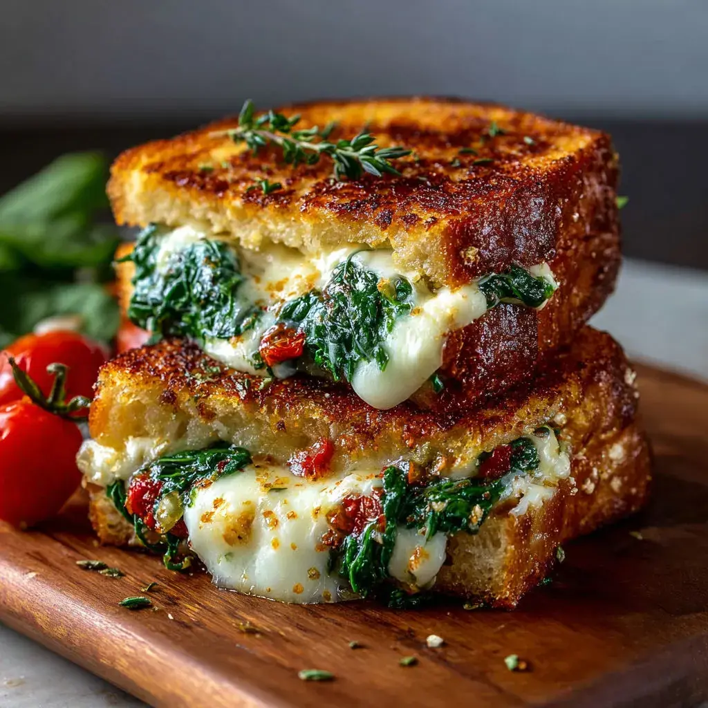Sliced Mediterranean Spinach Grilled Cheese on a plate with garnishes