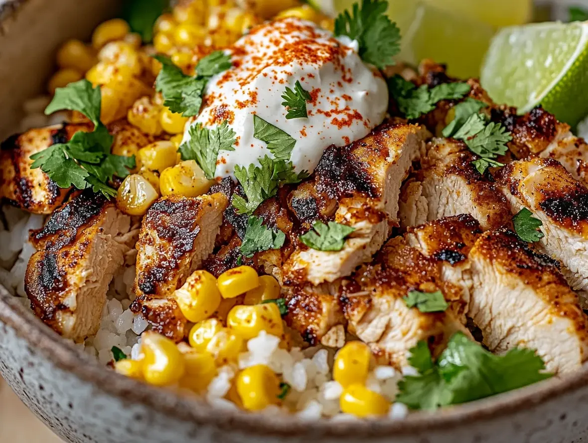 Street Corn Chicken Rice Bowl with vibrant toppings