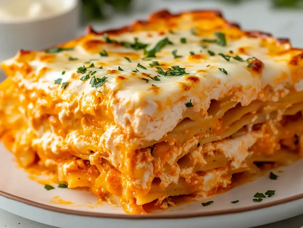 A slice of Buffalo Chicken Lasagna with visible layers of chicken, cheese, and noodles on a white plate, garnished with a drizzle of ranch and a sprinkle of chives.