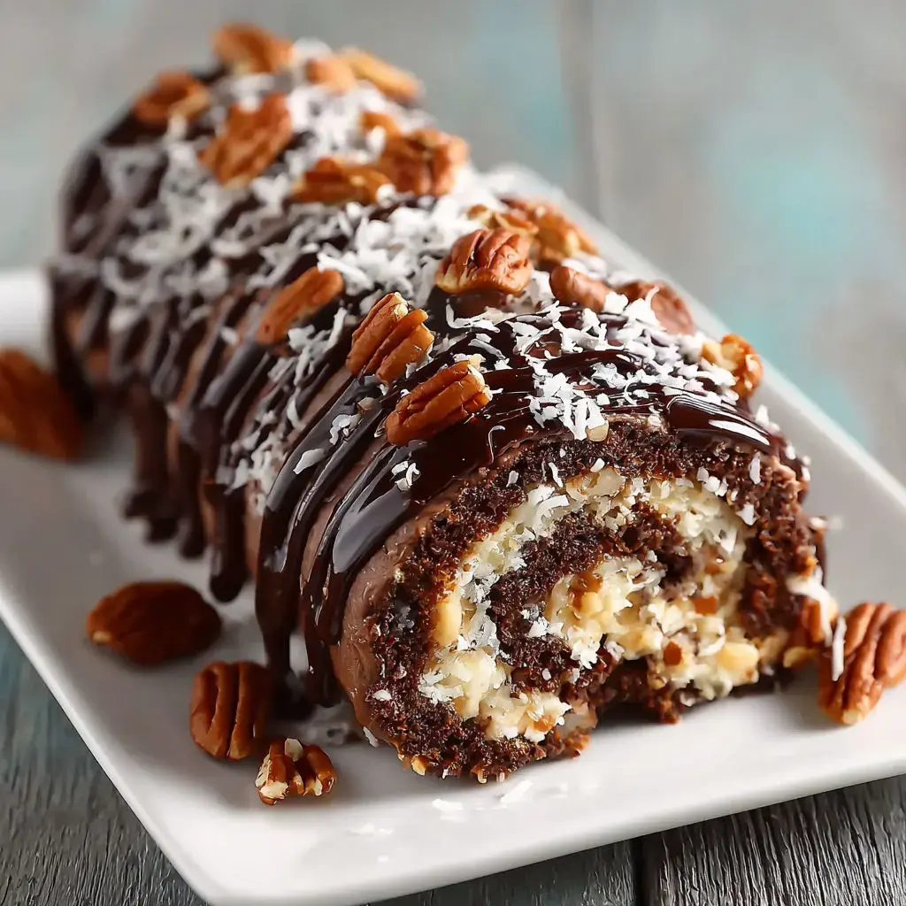 A sliced German Chocolate Cake Roll on a platter, highlighting the coconut-pecan filling swirls inside.
