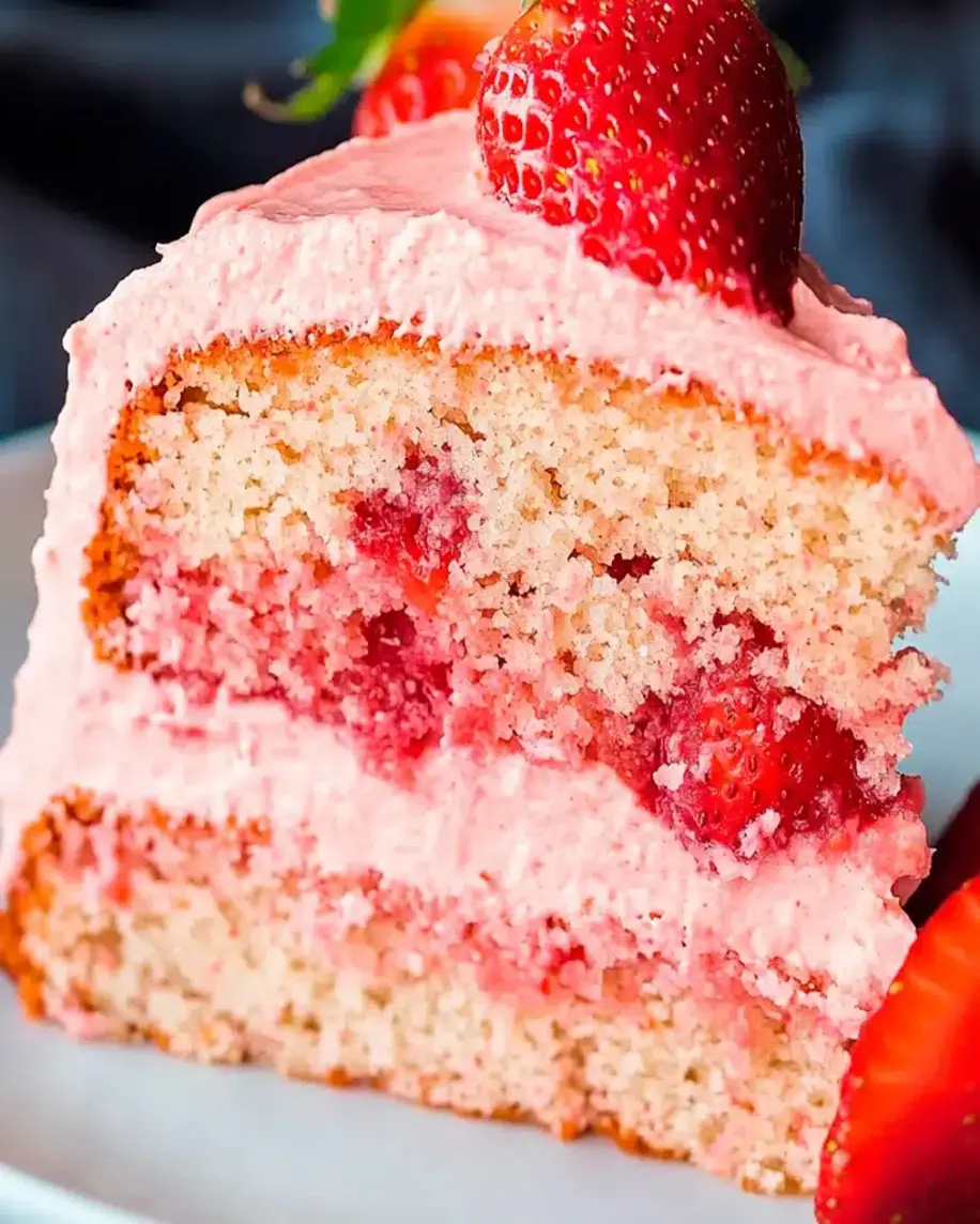 A beautiful homemade strawberry cake topped with frosting and fresh strawberries