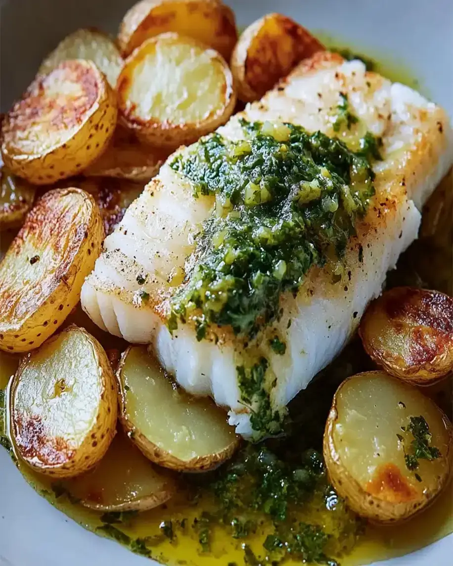 Cod with Potatoes and Salsa Verde on a plate.