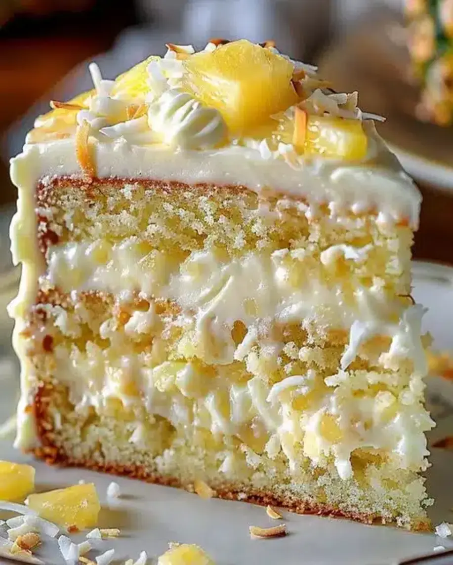 A slice of Pineapple Coconut Dream Cake with frosting and coconut flakes.